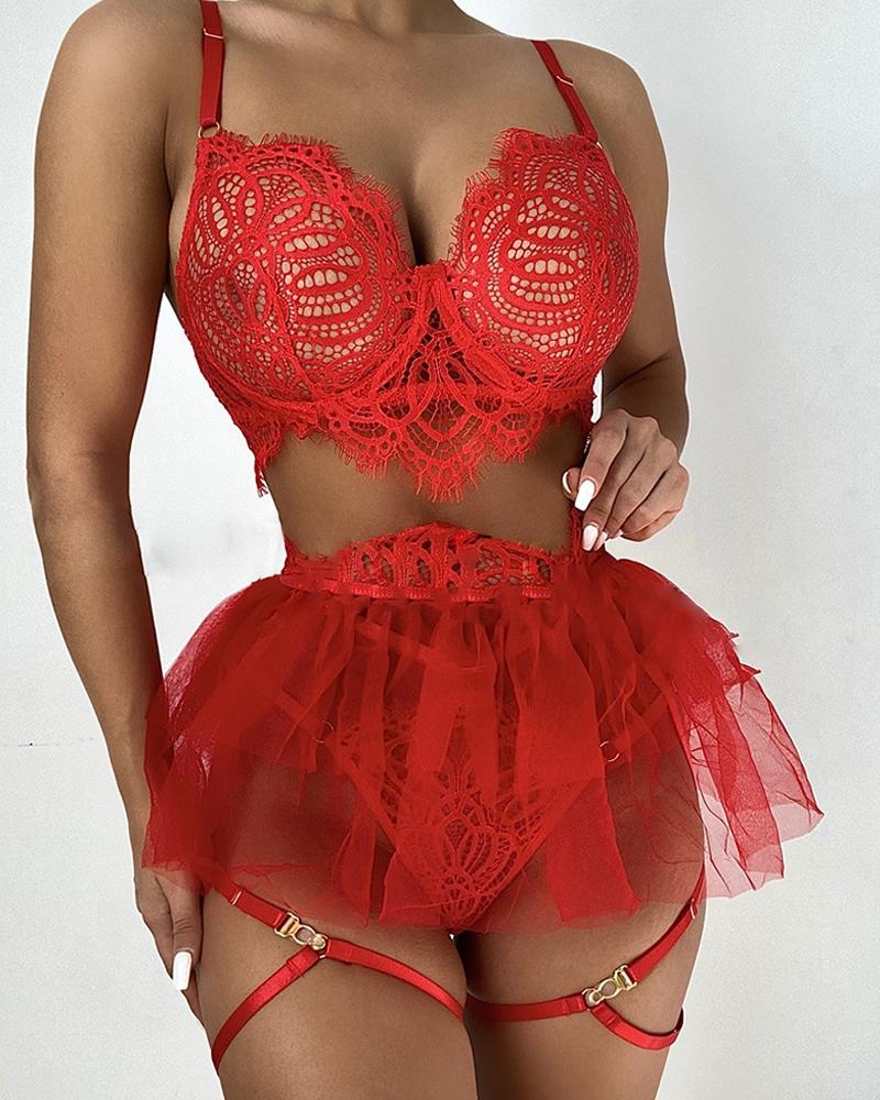 

Eyelash Crochet Lace Mesh Patch Garter Lingerie Set, Red