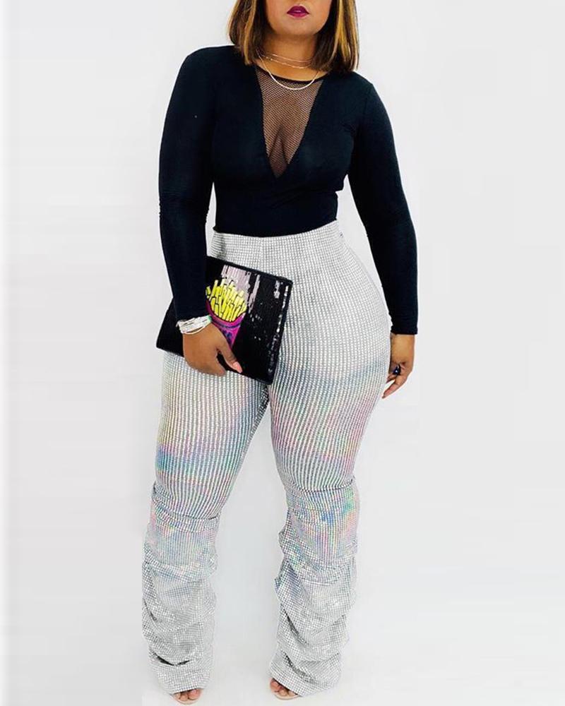 

Glitter High Waist Bell-bottomed Ruched Pants, White