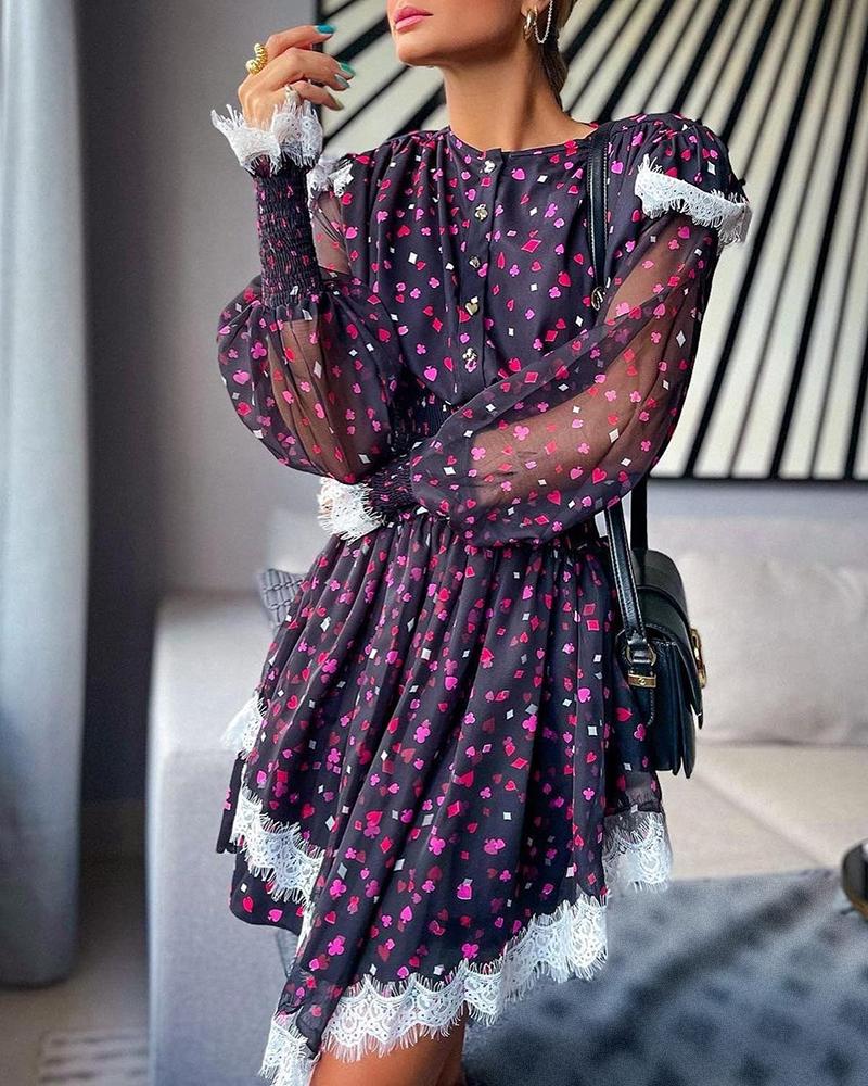 

Poker Pattern Print Lantern Sleeve Lace Trim Dress, Dark purple