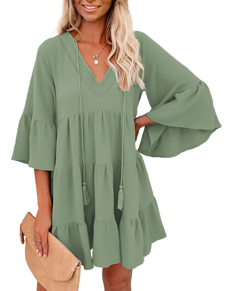 

V Neck Flutter Sleeve Casual Dress, Green