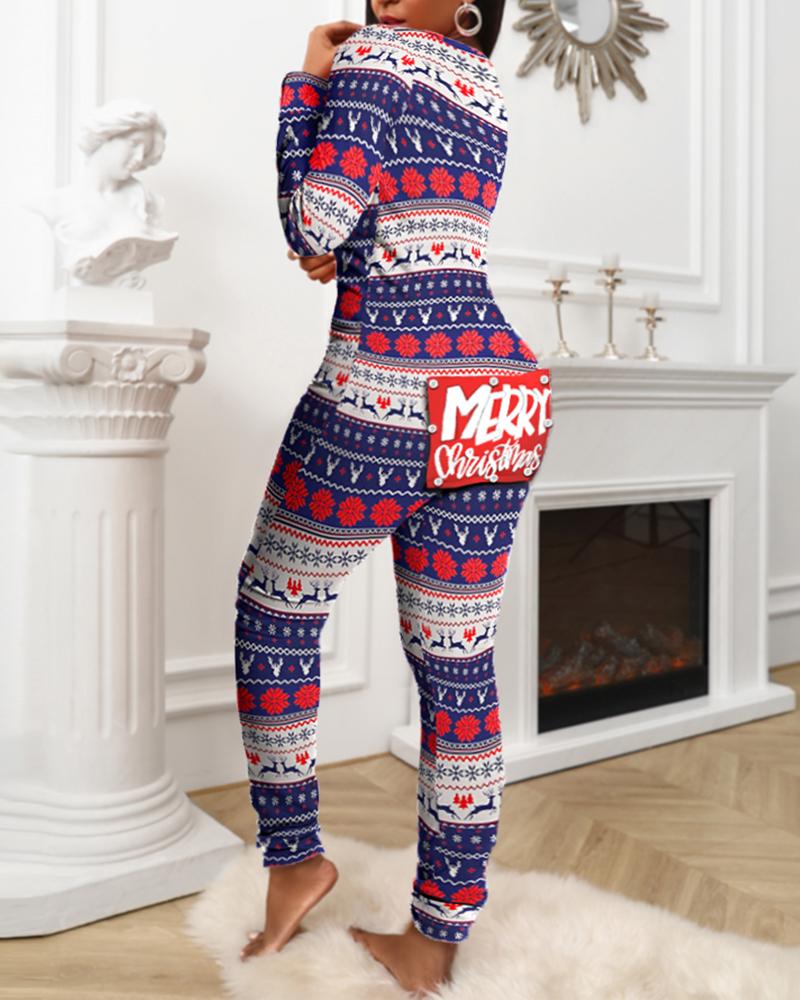 

Christmas Letter Print Functional Buttoned Flap Adults Pajamas, Multicolor