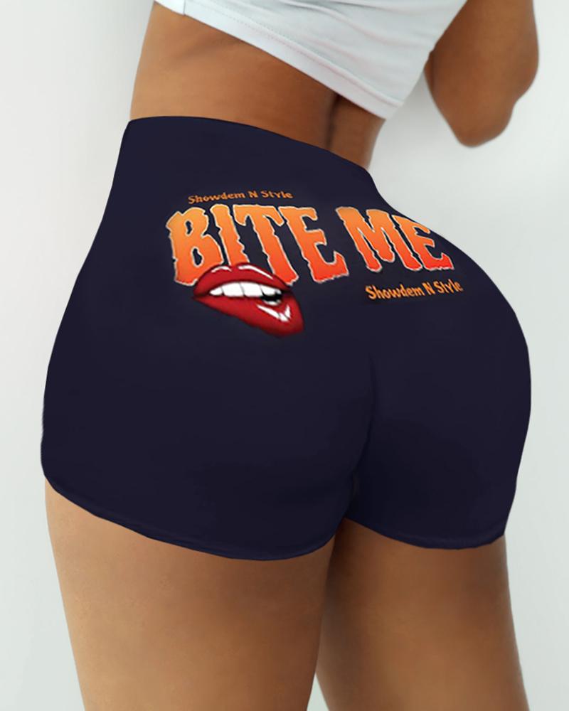 

Letter Lip Print High Waist Casual Shorts, Black