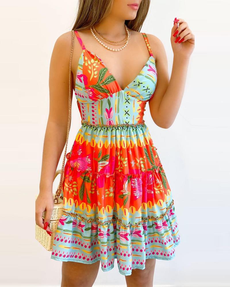 

Plants Print Ruffle Hem Backless Cami Dress, Multicolor