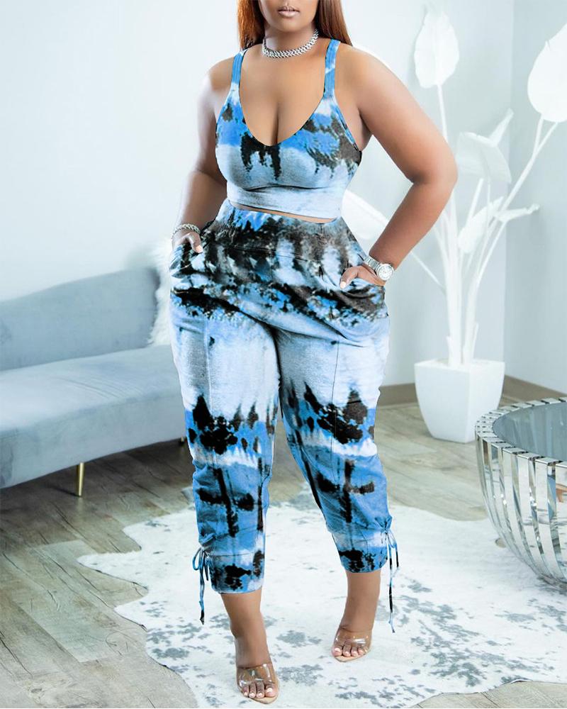 

Tie Dye Print Crop Top & Pocket Design Pants Set, Blue