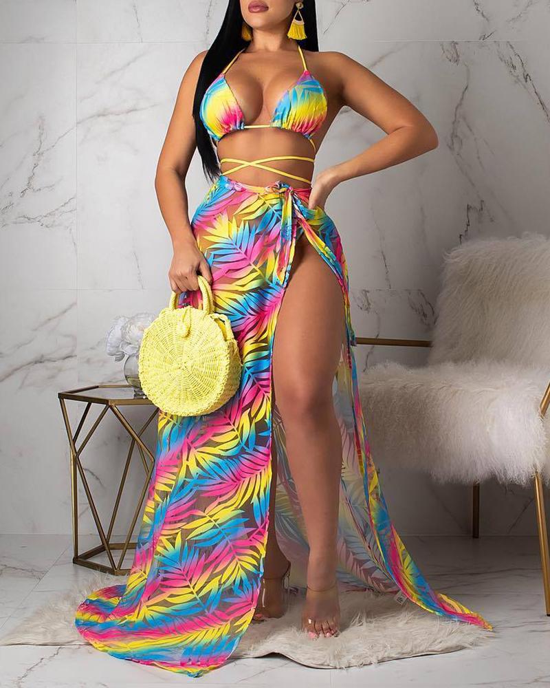

3PCS Leaf Print Bikini Sets With Cover Ups, Yellow