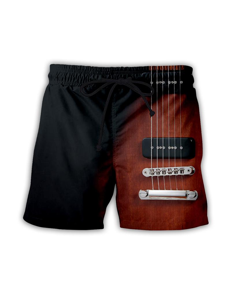 

3D Guitar Pattern Print Drawstring Short Pants, Multicolor