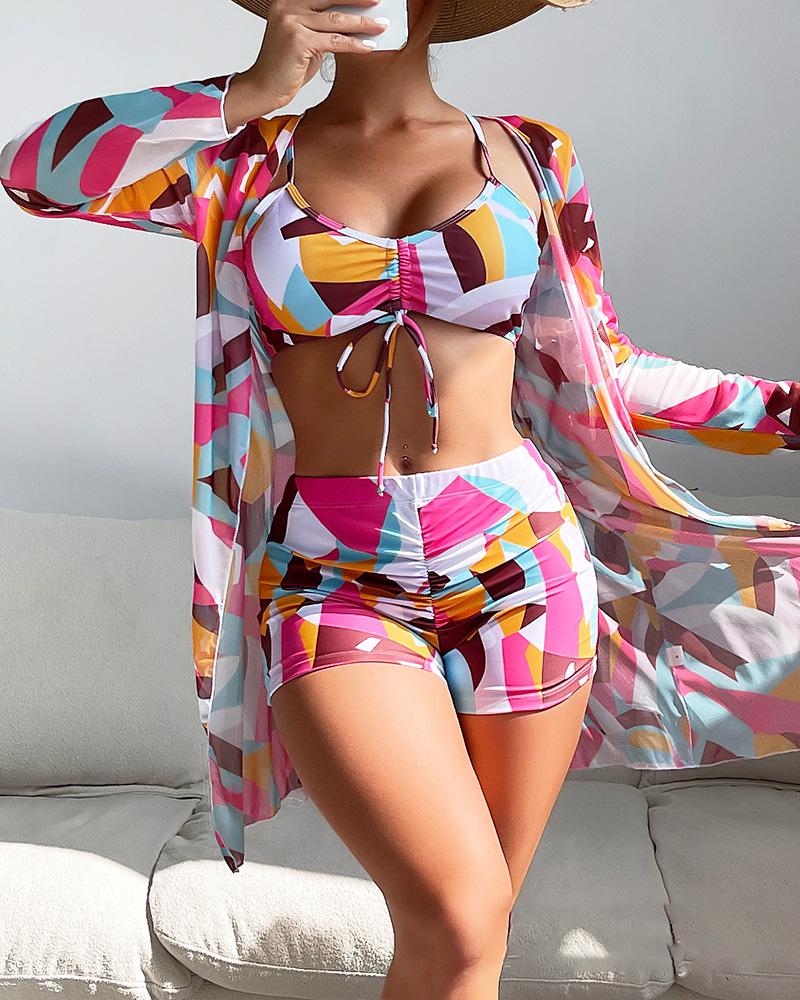 

3PCS Colorblock Drawstring Bikini Set With Cover Up, Red