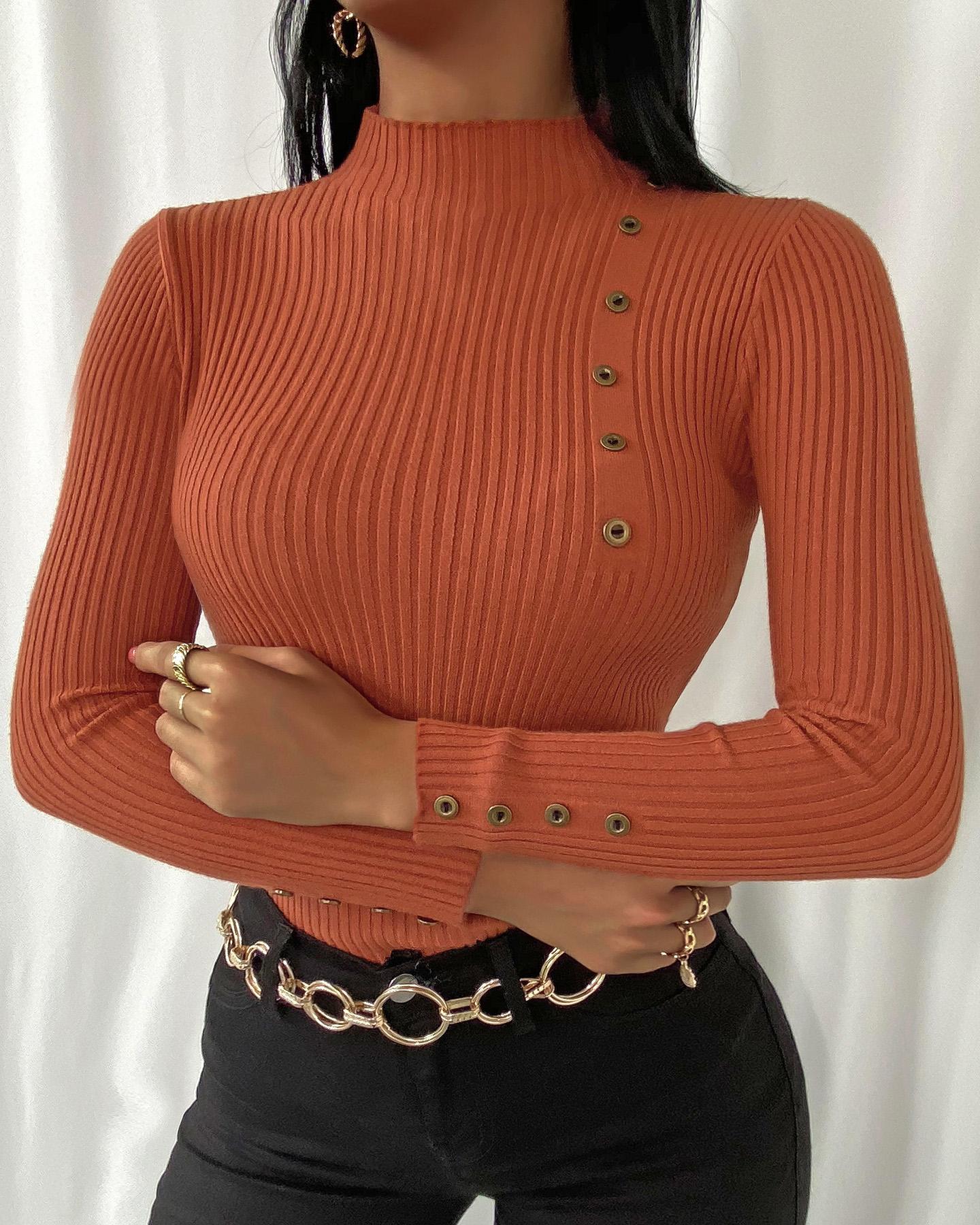 

Button Design Long Sleeve Knit Women Top, Khaki