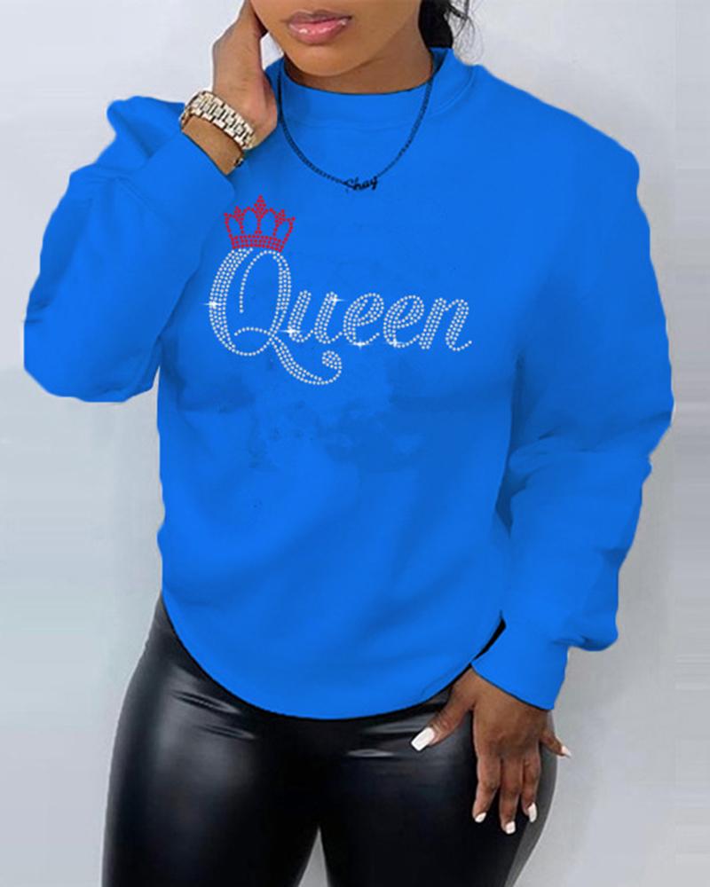 

Rhinestone Letter Queen Pattern Long Sleeve Sweatshirt, Blue