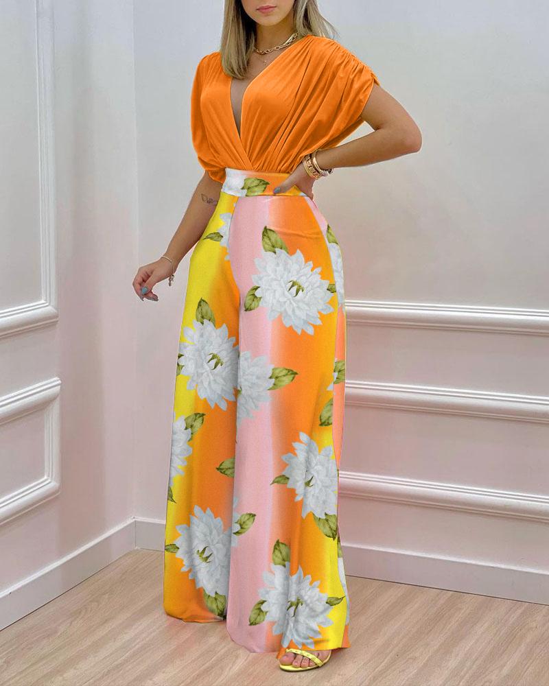 

Batwing Sleeve Wrap Top & Floral Print Wide Leg Pants Set, Multicolor