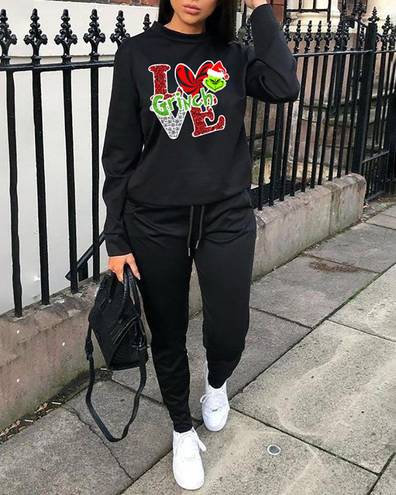 

Christmas Letter Grinches Print Sweatshirt & High Waist Pants Set, Black