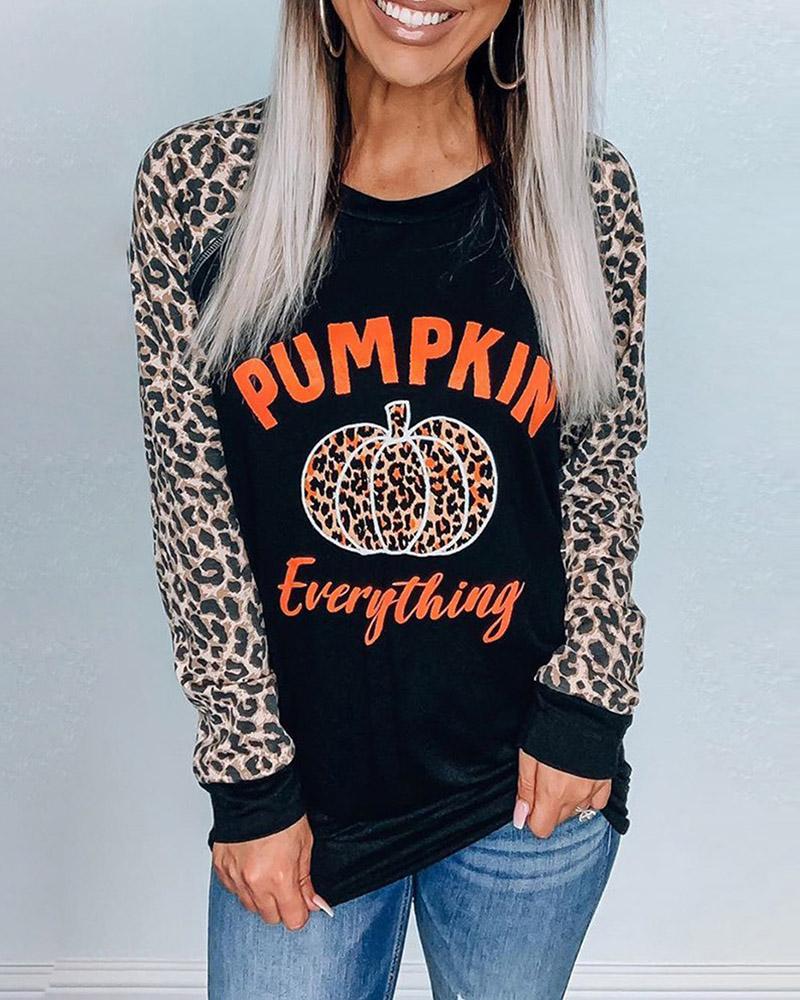 

Halloween Cheetah Letter Print Colorblock Sweatshirt, Black