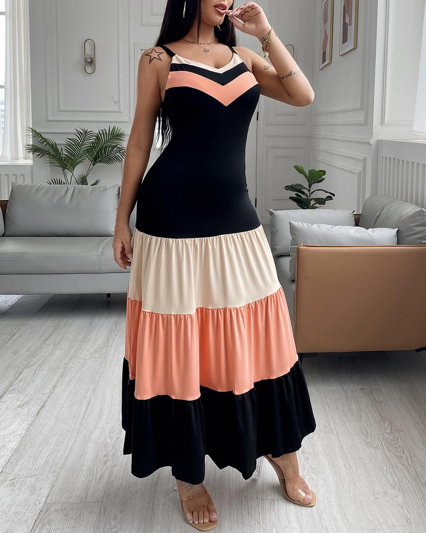 

Spaghetti Strap Colorblock Ruched Ruffles Maxi Dress, Black