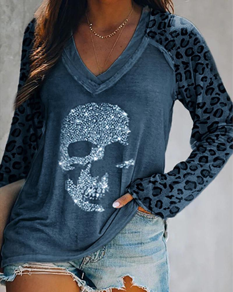 

Leopard Print Studded Long Sleeve Casual T-shirt, Dark blue