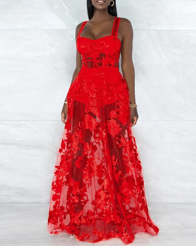 

Sheer Mesh Lace Embroidered Bodysuit & Skirt Set, Red