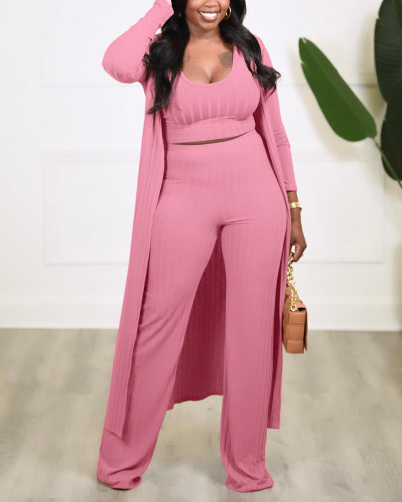 

Plus Size 3PCS Ribbed Tank Top & Pants Set With Longline Coat, Pink