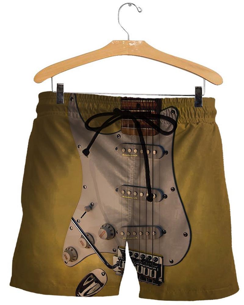 

3D Guitar Print Drawstring Loose Short Pants, Multicolor