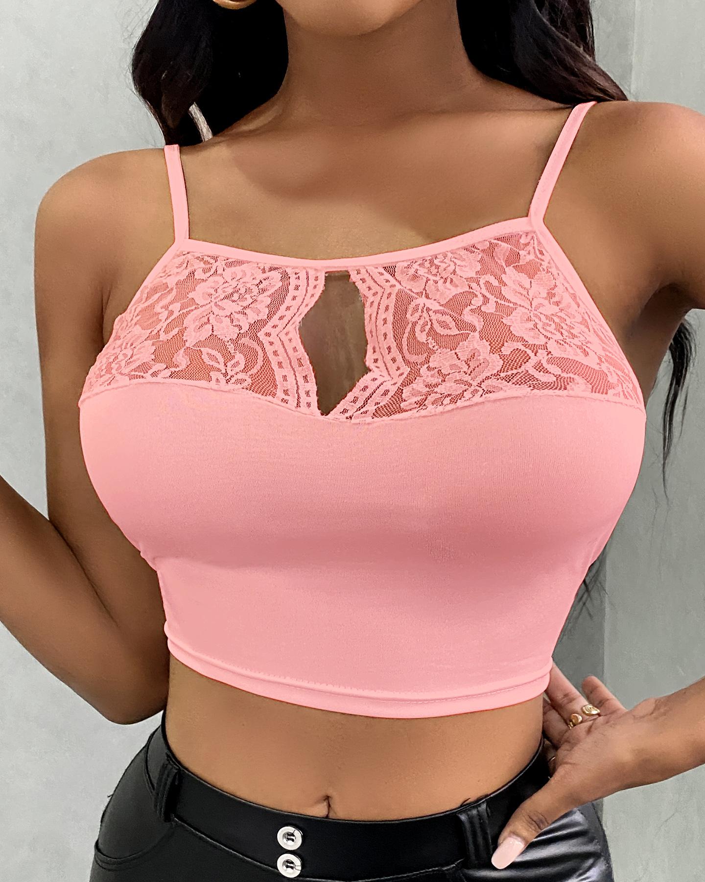 

Crochet Lace Cutout Front Crop Women Top, Pink