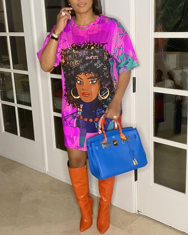 

Figure Letter Graphic Print Short Sleeve T-Shirt Dress, Purple