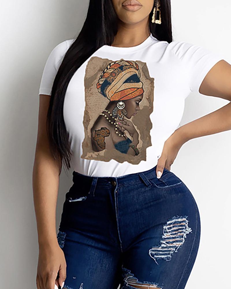 

Figure Print Short Sleeve Casual T-shirt, White