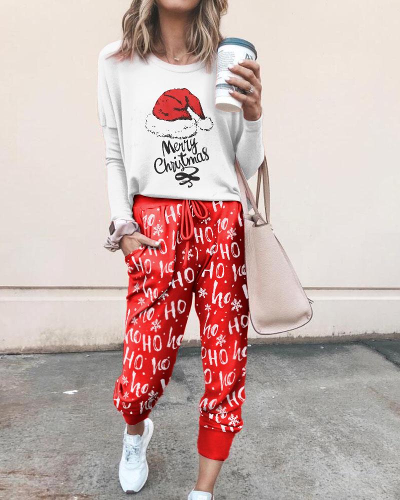 

Christmas Long Sleeve Top & Drawstring Pocket Design Pants Set, Red