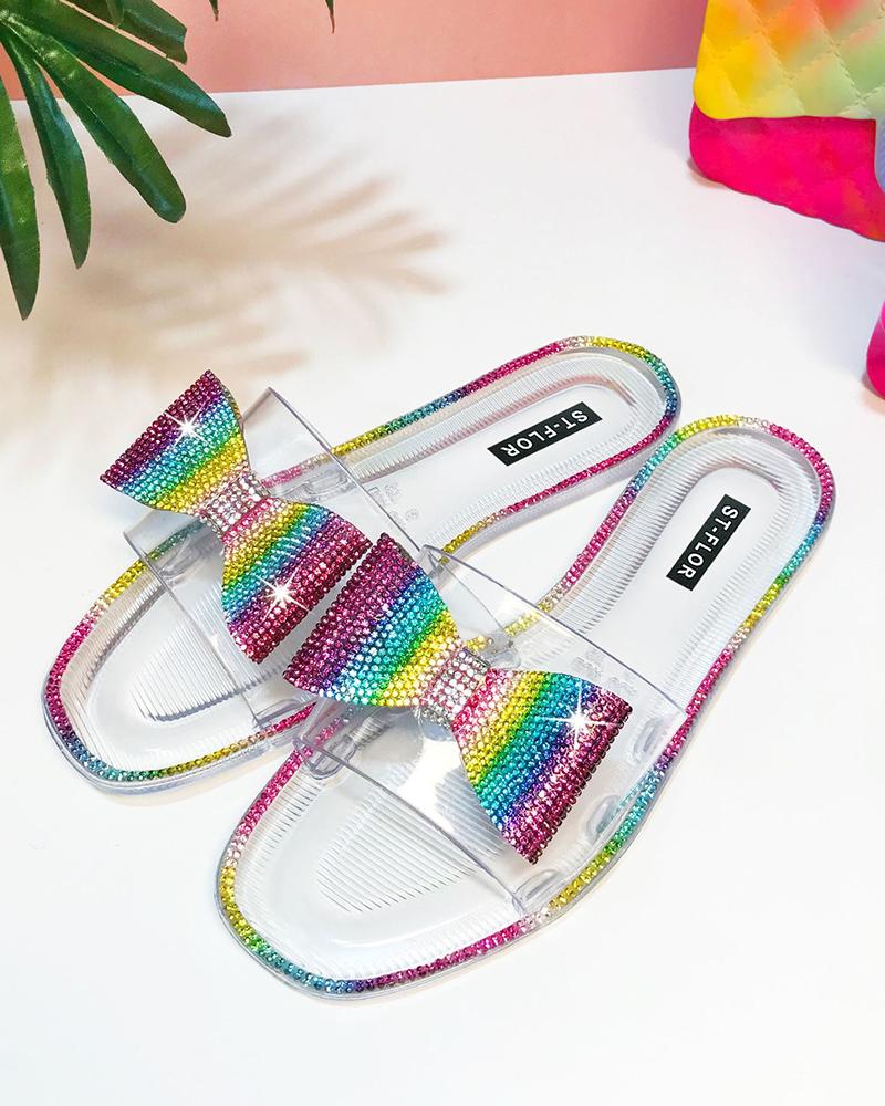 

Square-toe Multicolor Rhinestone PVC Flat Slippers, White