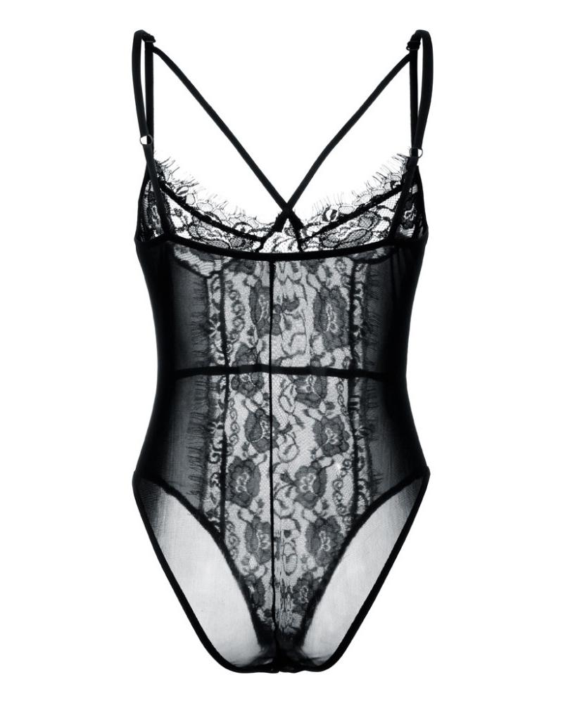 

Sheer Mesh Backless Floral Lace Teddies, Black