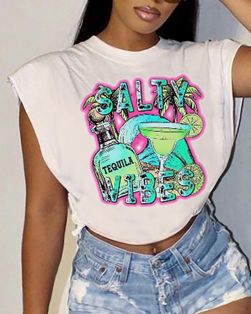 

Letter Graphic Print Cap Sleeve T-shirt, White