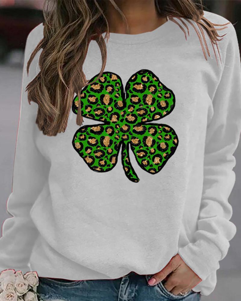 

St.Patrick' Day Clover Print Round Neck Long Sleeve Top, White