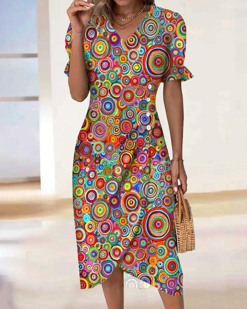 Abstract Geometric Print Ruched Buttoned Dress