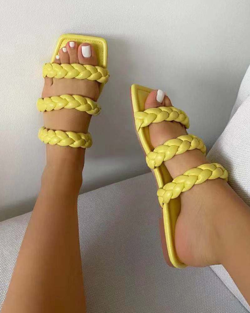 

Braided Strap Square Toe Slippers, Yellow