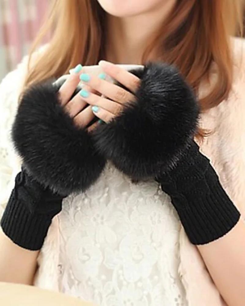 

1Pair Women's Cute Faux Fur Fingerless Gloves, Black
