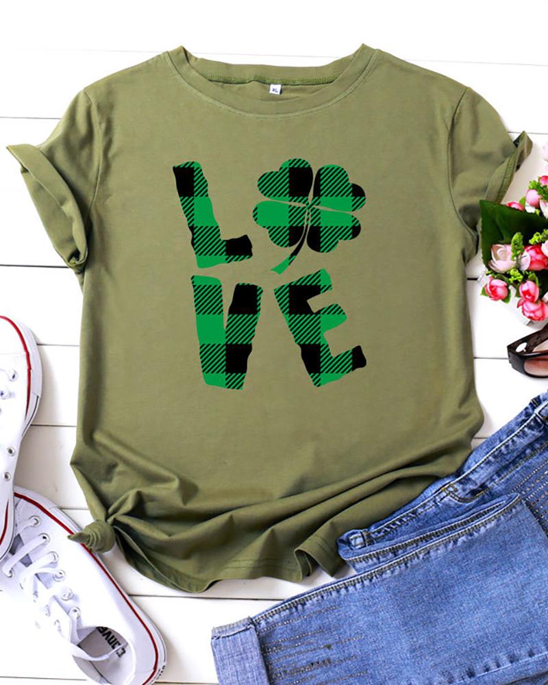 

Plaid & Letter Print Short Sleeve Casual T-shirt, Green
