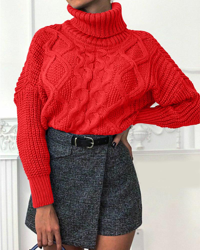 

High Neck Solid Cable Knit Sweater, Red