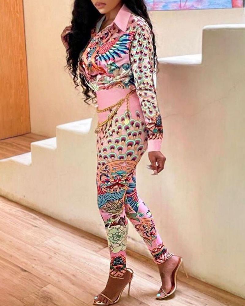 

Long Sleeve Peacock Print Buttoned Top & Pants Set, Pink