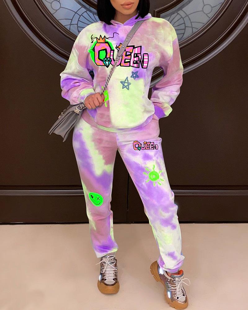 

Tie Dye Letter Hooded Sweatshirt & Pocket Design Pants Set, Purple