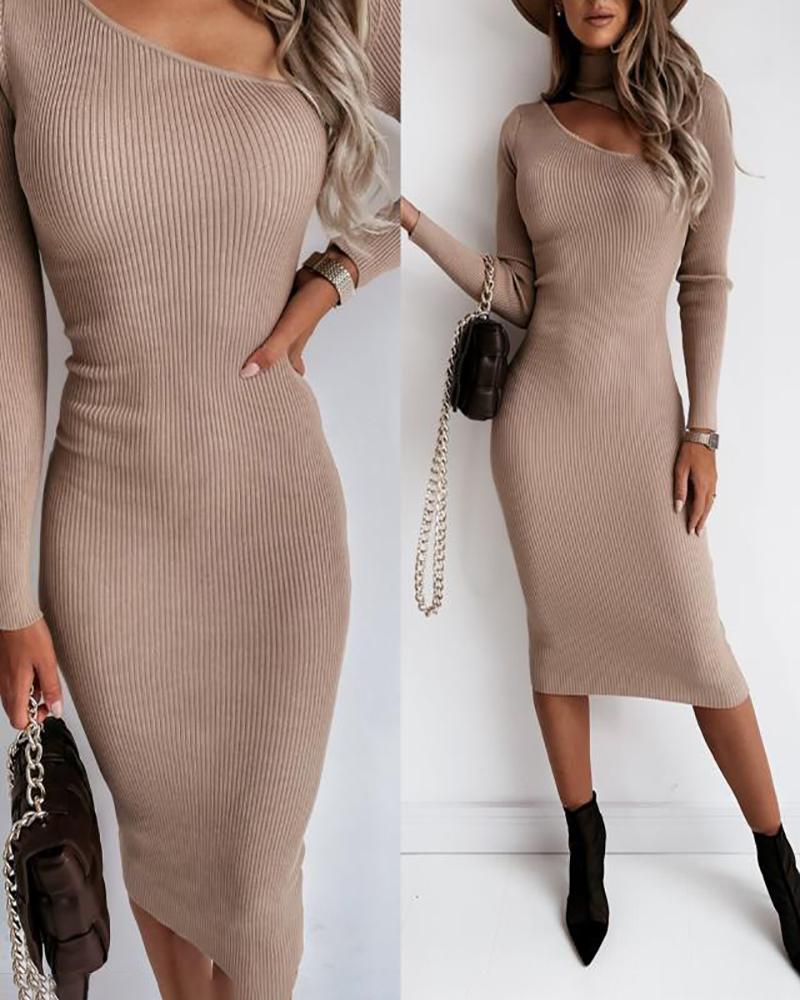 

High Neck Cutout Front Knit Bodycon Dress, Apricot
