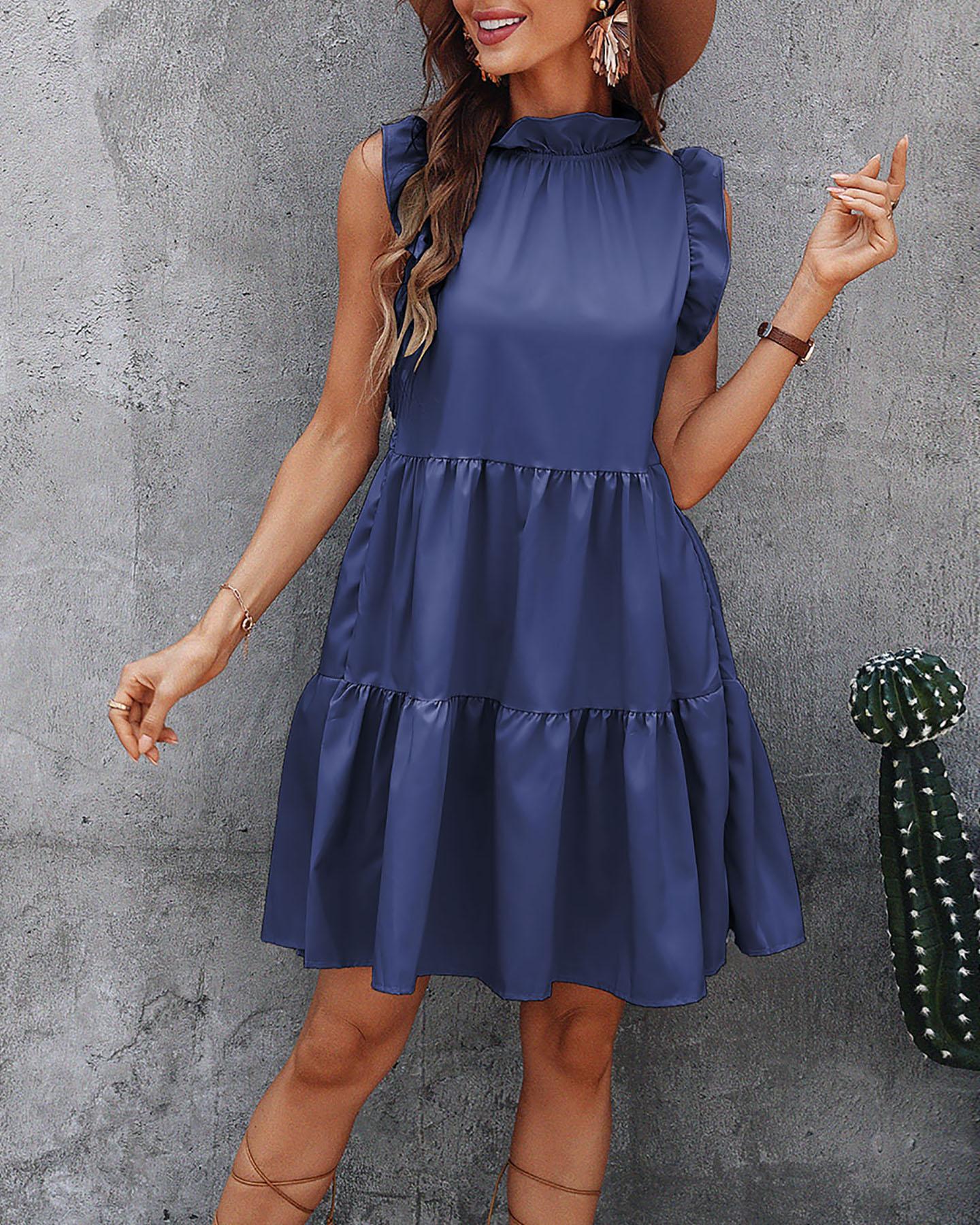 

Ruffles Trim Ruched Short Sleeve Casual Dress, Dark blue