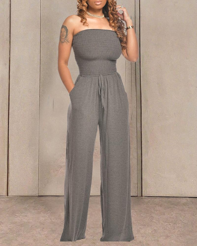 

Bandeau Shirred Pocket Design Wide Leg Jumpsuit, Gray