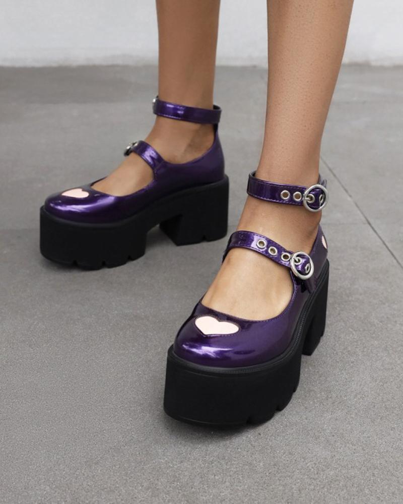 

Chic Womens Heart Decor Round Toe Shiny Finish Platform Shoes, Purple