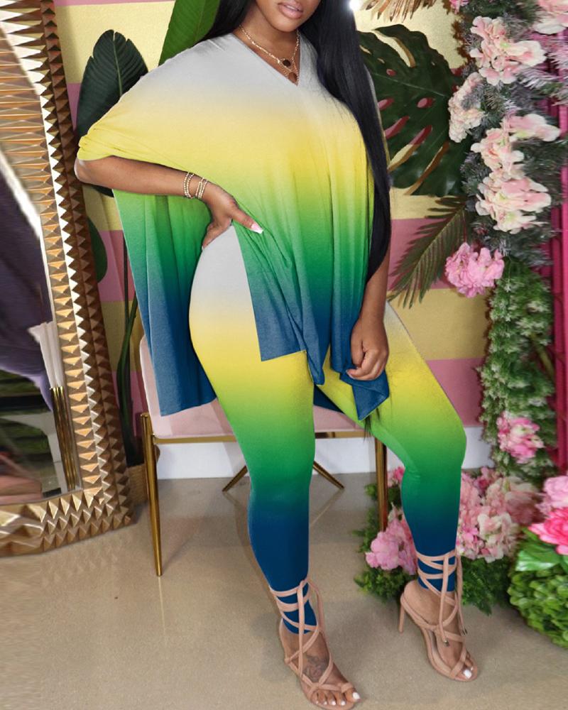 

Tie Dye Print Slit Top & Pants Set, Green