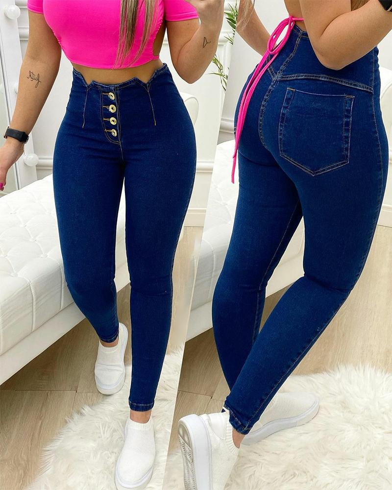 

Button Fly Notched High Waist Skinny Jeans, Dark blue
