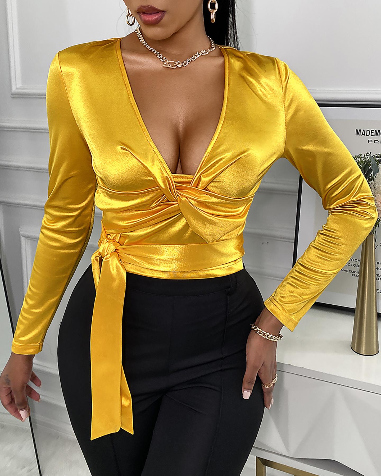 

Satin Twisted Tied Detail Top, Yellow