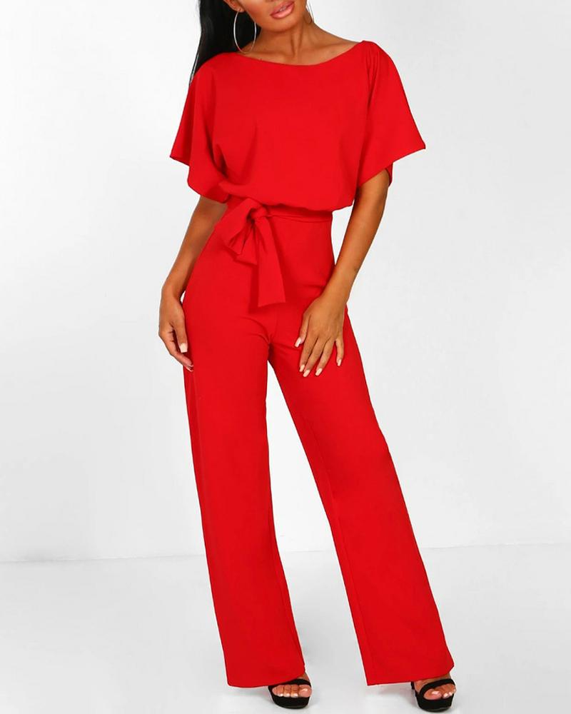 

Batwing Sleeve Keyhole Back Belted Jumpsuit, Red