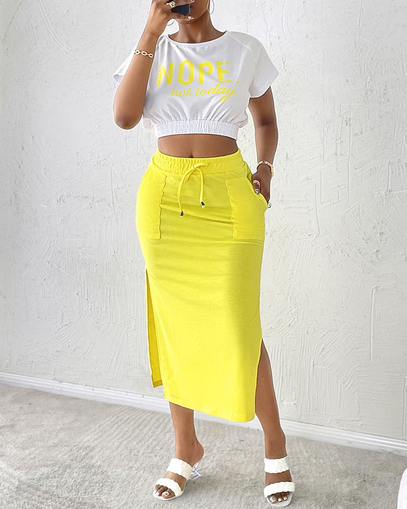 Nope Not Today Print Cap Sleeve T-shirt & Slit Drawstring Skirt Set