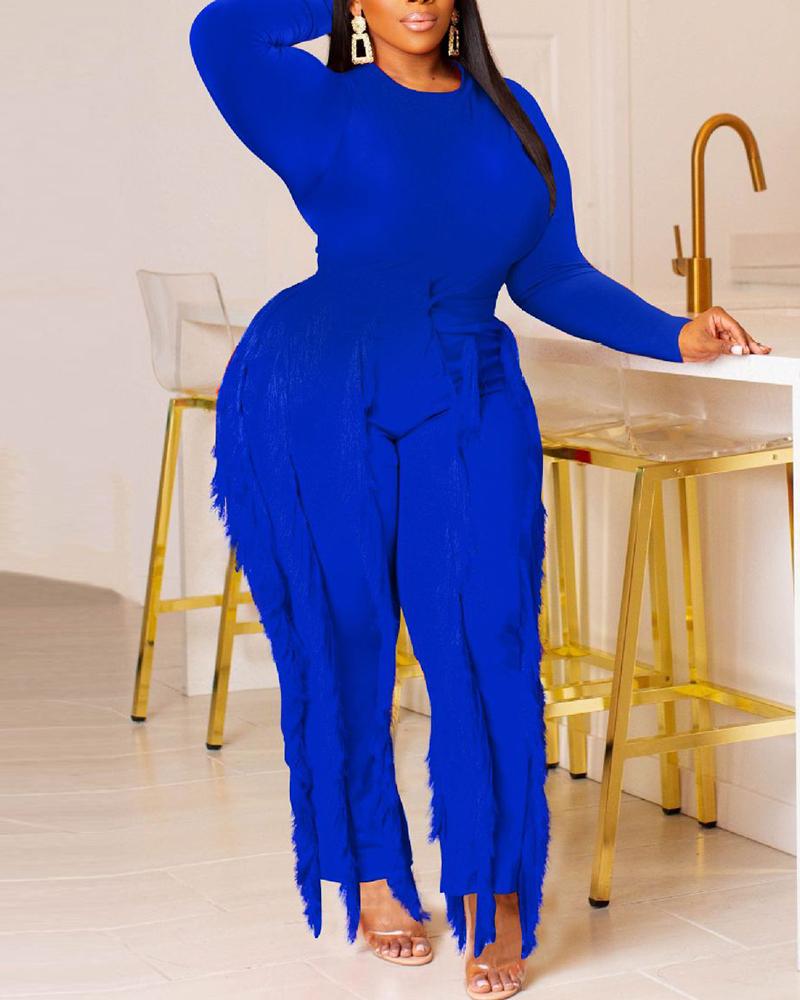 

Long Sleeve Top & Tassel Trim Pants Set, Blue