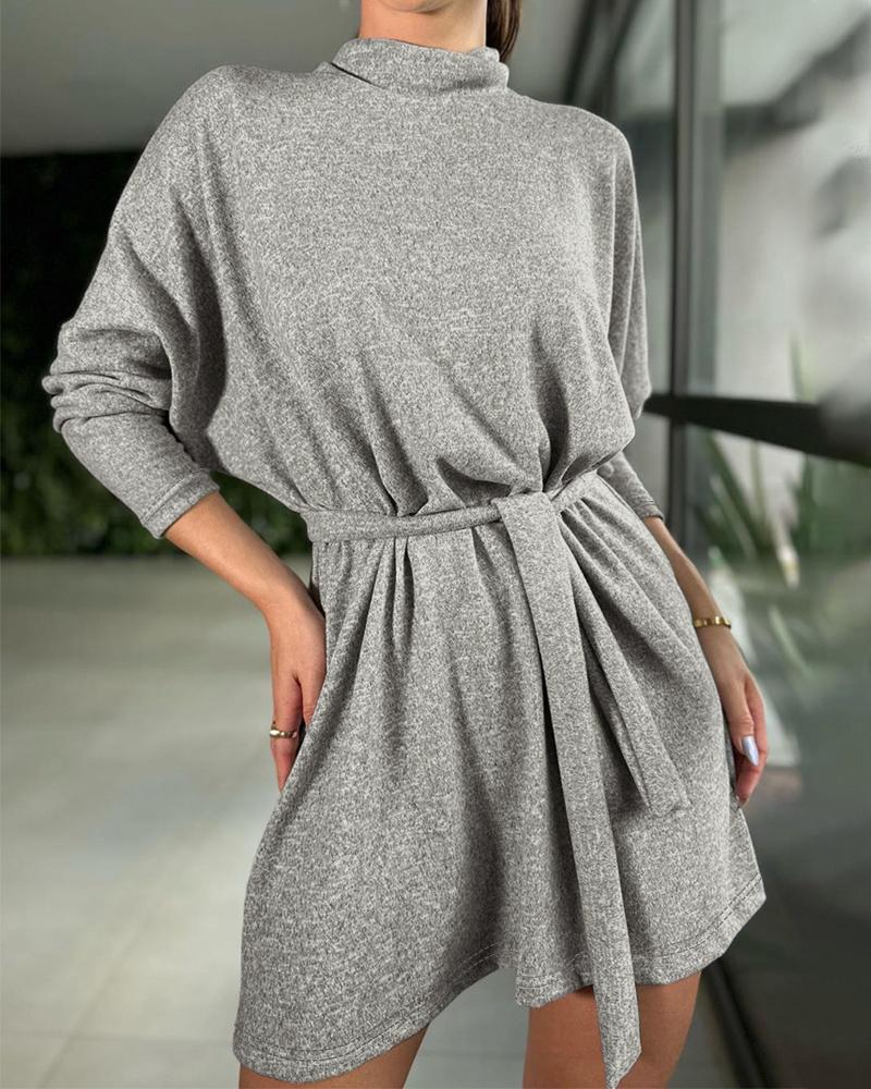 

Mock Neck Tied Detail Long Sleeve Casual Dress, Gray