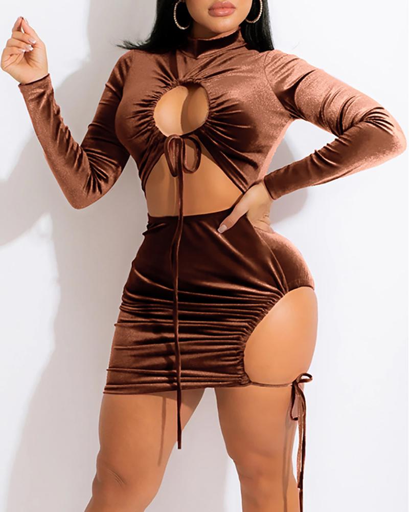 

Cutout Drawstring Long Sleeve Velvet Bodycon Dress, Coffee