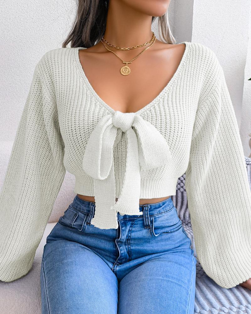 

Tied Detail Lantern Sleeve Sweater, White