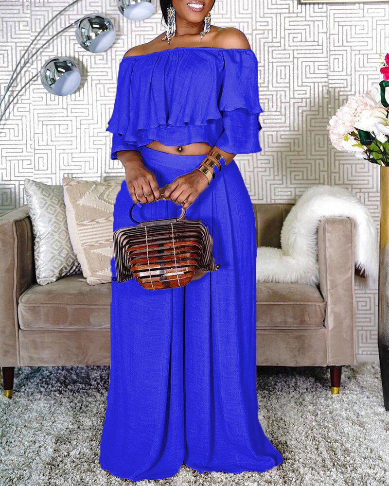 

Off Shoulder Ruffle Hem Crop Top & Wide Leg Pants Set, Blue